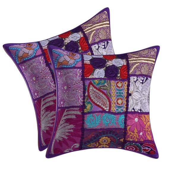 DK Homewares Ethnic Throw Cushion Covers 12 x 12 Inch Cotton Vintage Patchwork Decorative Square Embroiderded Cushion Covers (Size - 30x30 cm ; Color: Purple ) - Set of 2 Pcs (Cover Only)