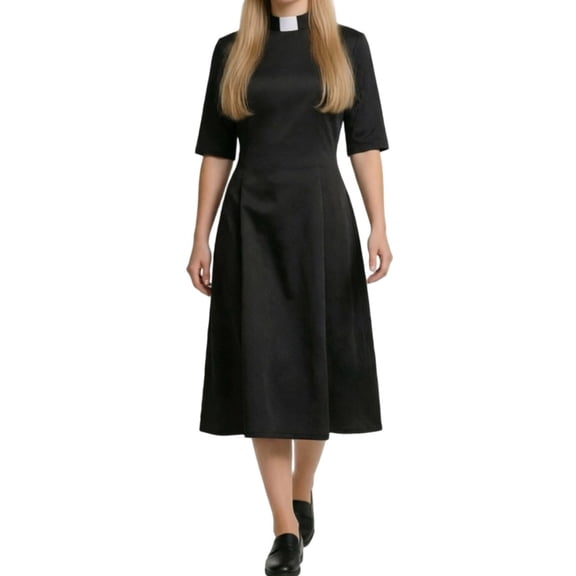 Ynynloco Church Clergy Dress for Women Minister Half Sleeve Loose Elegant Midi Dress with Tab Collar Priestess