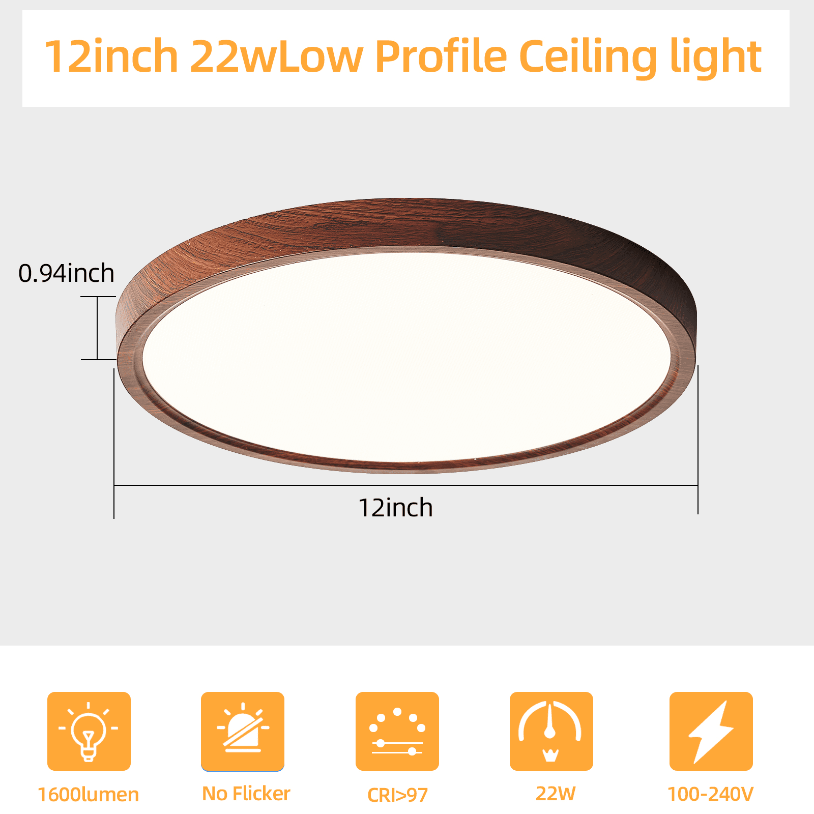 HEYAN Walnut Wood Flush Mount Ceiling Light Fixture,12 Inch Dimmable LED Ceiling Light with 3000K-4000K-6000K Selectable Flat Low Profile Round Ceiling Lights for Bedroom Hallway Laundry (1 Pack)