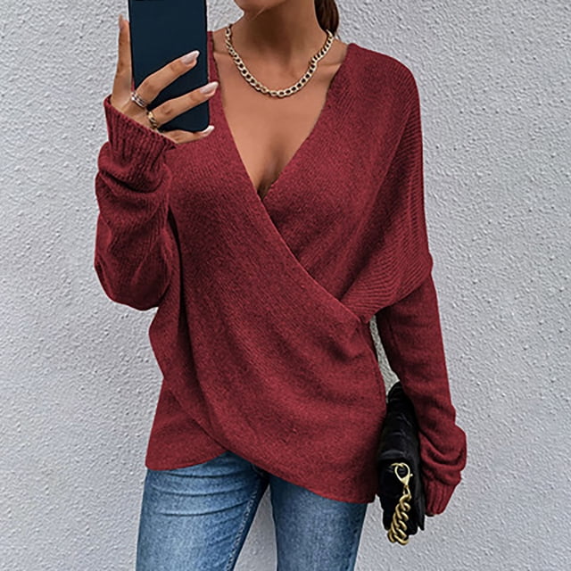 EGNMCR Chandails pour Femmes Mode Femmes Couleur Unie Manches Longues Chandail Col en V Chemise Chandail Tops