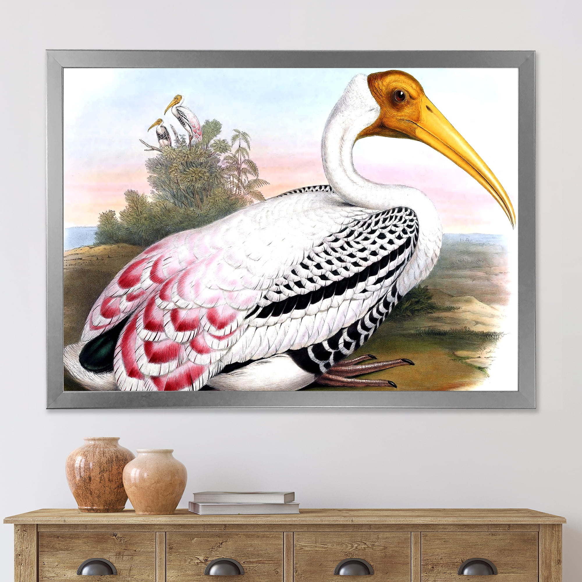 Designart 'Vintage Countryside White Birds' Farmhouse Framed Art Print