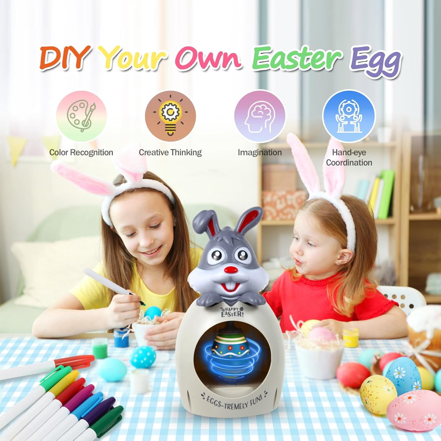 CEDQ Easter Egg Decorator Kit - Bunny Decorating Spinner Arts and Crafts Set with Music and Light, DIY Easter Eggs Coloring Kit with 3 Eggs & 8 Colorful Markers, Easter Gift for Kids Boys Girls Party