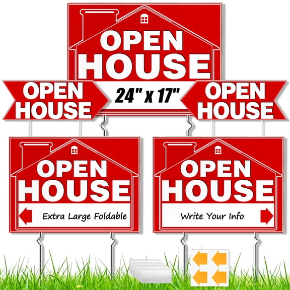 Yalumo Open House Signs for Real Estate, 3 Pcs Extra Large 24" x 17" and 2 Pcs 17" x 6" Waterproof Double Sided Yard Signs with Metal Stakes and Arrow Sticker for Agents Property Sale