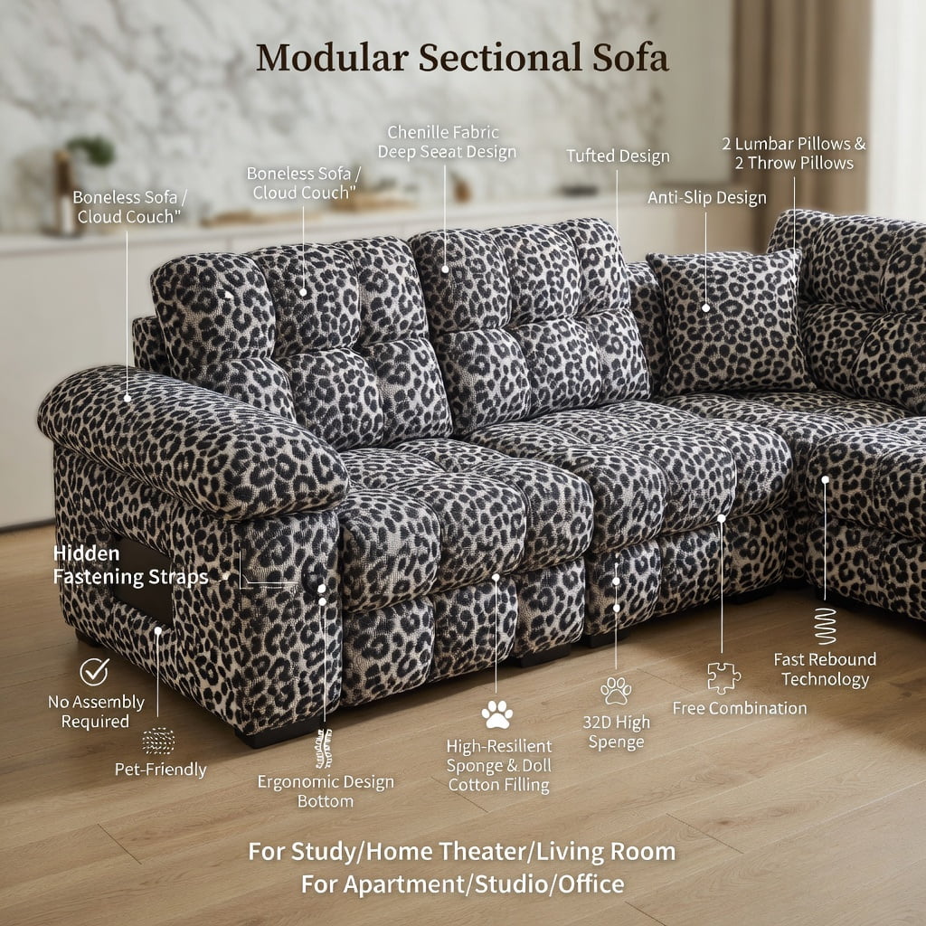 Hommoo 131" Modular Leopard Print Chenille 4-Seat Sectional Sofa, Tassel-Trimmed, Deep Seat, Ergonomic Support, Easy Assembly for Living Room, khaki
