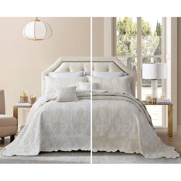 Blythease Oversized King Bedspread, Jacquard Matelasse Damask Pattern Design, Lightweight, Reversible, 5 Piece, 100% Microfiber, Ivory