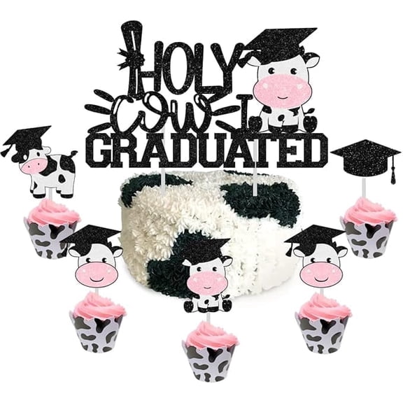 krerat4joy Cow Graduation Decoration Cake Topper, Holy Cow Graduated Cake Topper Cake Decorations for 2026 Congrats Graduation, Farm Animal Theme Party Supplies Cupcake Toppers Cap for Girls