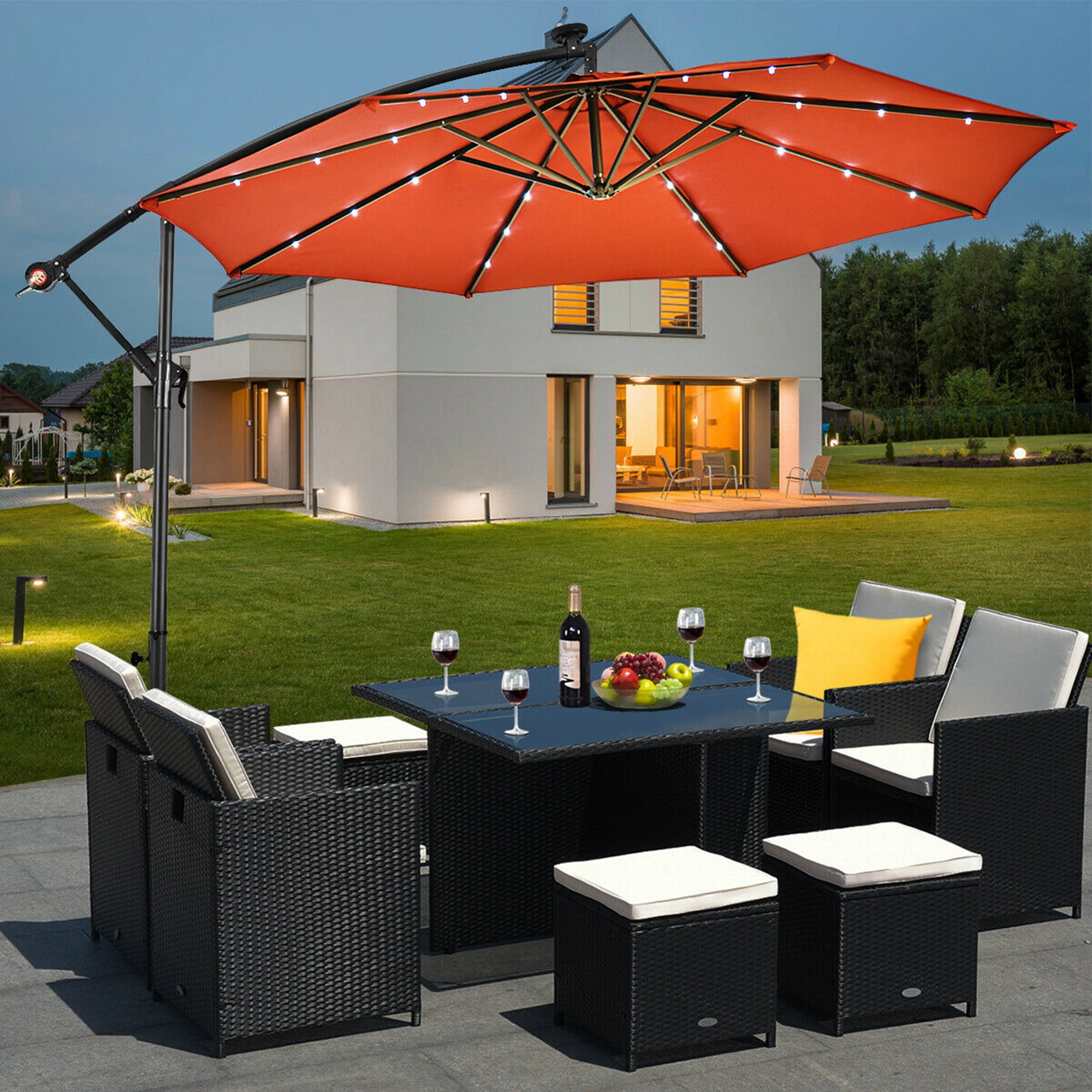 Gymax 10Ft Patio Solar LED Outdoor Offset Hanging Umbrella w/ 24 Lights Orange