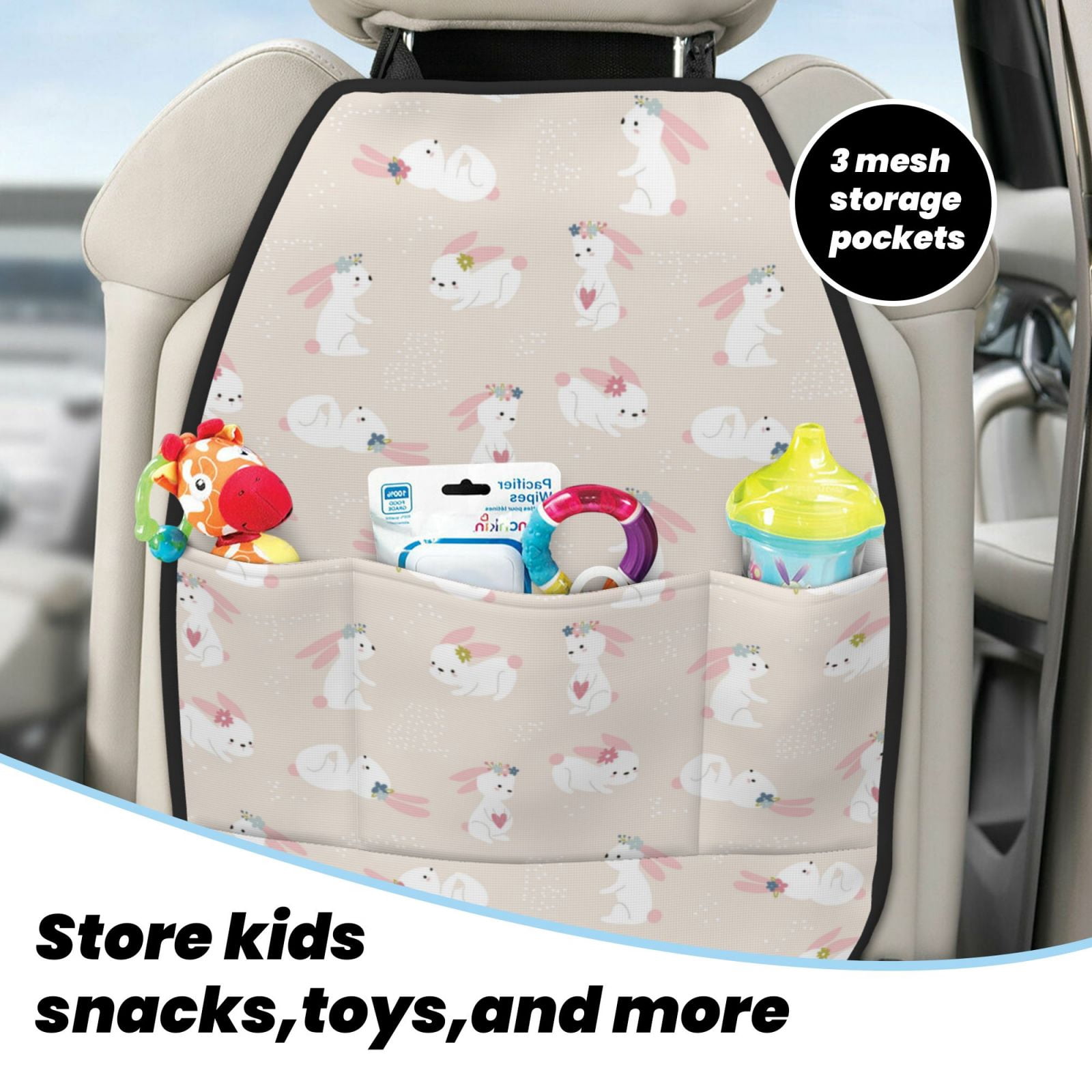 Kdxio Beautiful Rabbit Print 2 Pack Car Kick Mat Seat Cover Back Protector Mat with Pockets for Organizer Backseat Protector and Storage Anti Kick Pad for Vehicles