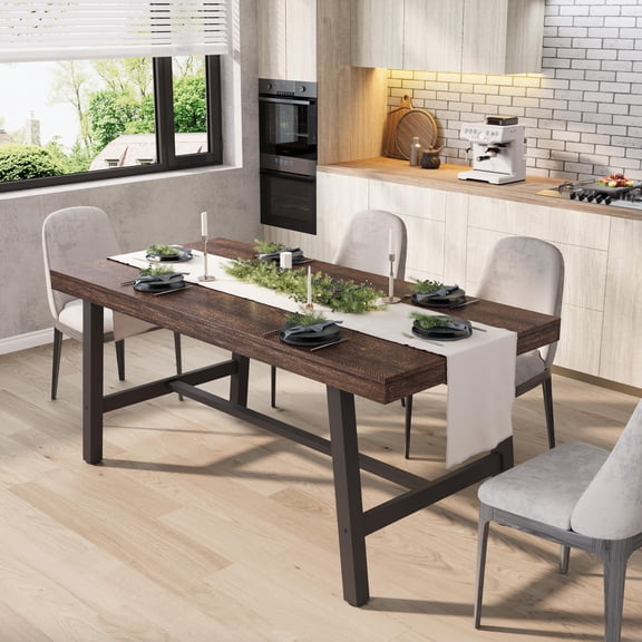 62.99" Large Long Dining Table for 4-6 People, Rustic Wood Kitchen Table with Sturdy Black Metal Legs, Industrial Rectangle Patio Table