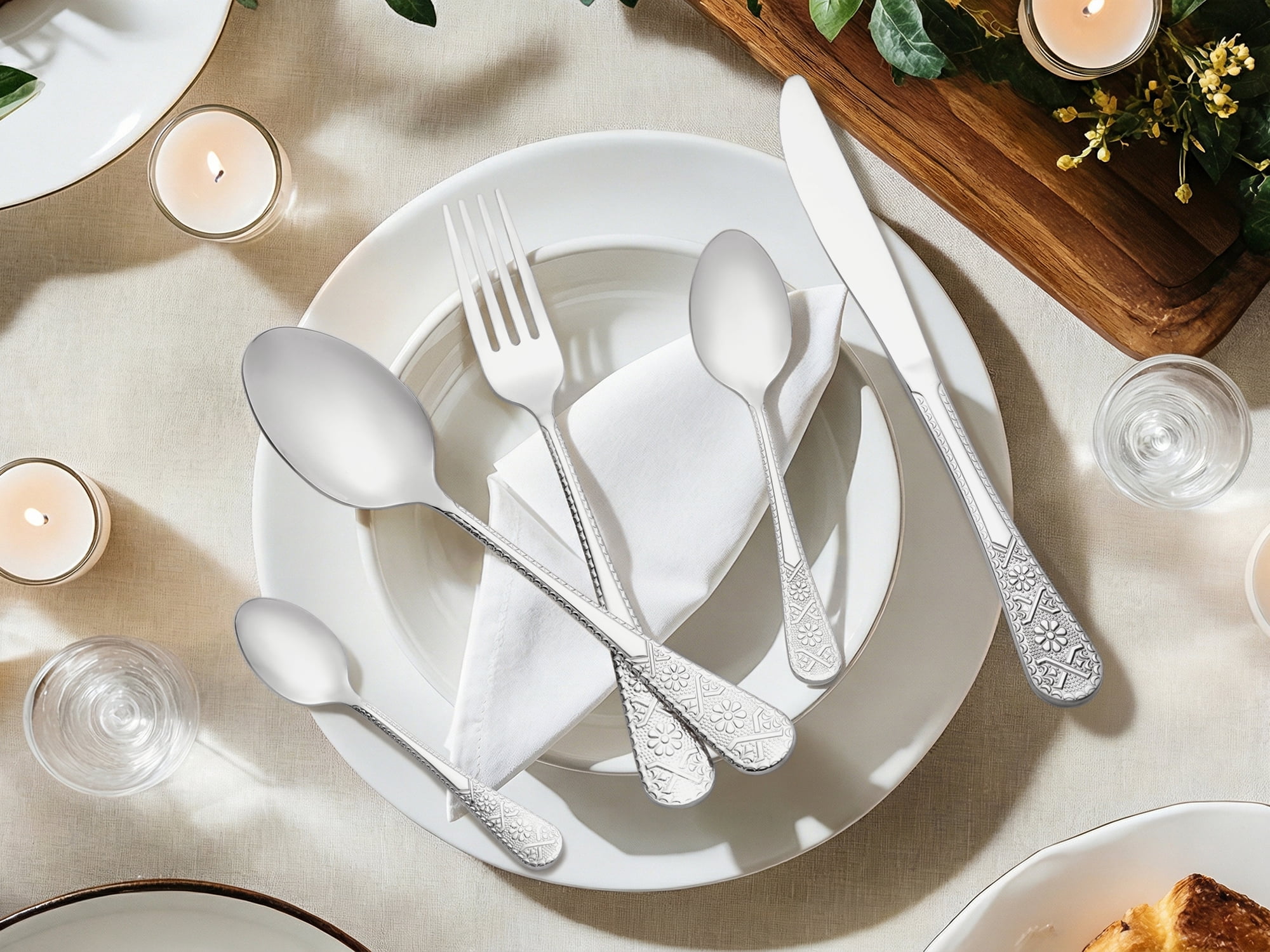 Unique Bargains 20 Piece Stainless Steel Floral Dinner Flatware Set Silver 20