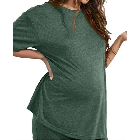 

Casual Maternity Womens Solid Loose Comfy Tee and Bike Shorts Set Dark Green M(6)