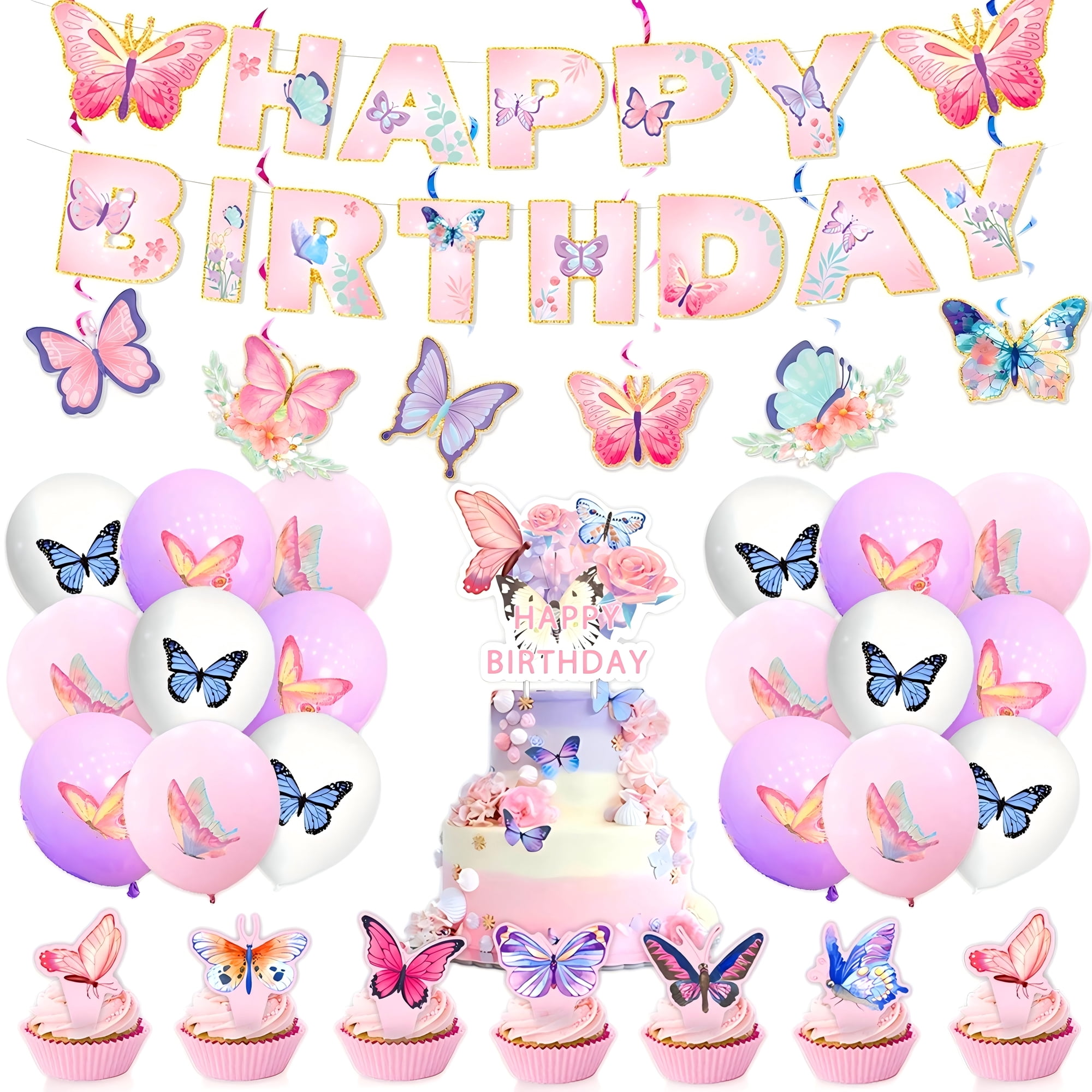 Butterfly Birthday Decorations Happy Birthday Banner | Girls Women Butterfly Themed Balloons Hanging Swirls Cake Topper for Home Spring Party Suppiles Photo Background