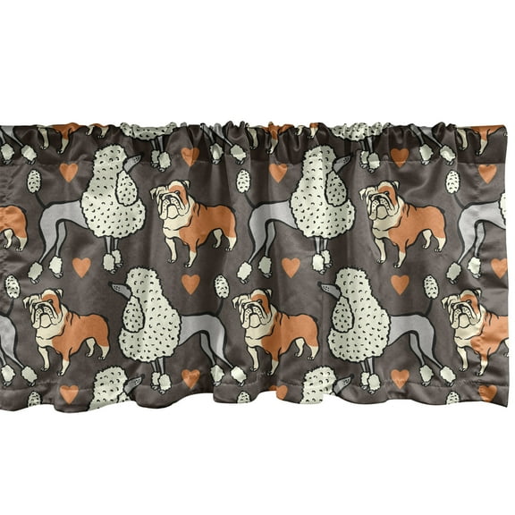 Ambesonne Poodle Window Valance, Doodle Bulldog and Hearts, 54" X 12", Cocoa Multicolor
