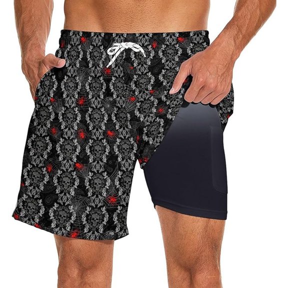 XFeng Men's 2 in 1 Swim Trunks, Print Board Shorts with Compression Liner, Quick Dry Beach Swim Shorts with Pockets