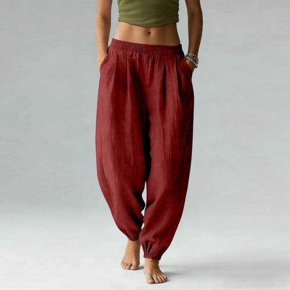 ClodeEU Womens Elastic High Waisted Wide Leg Pants ,Baggy Harem Boho Trousers with Pockets Red,Womens Plus XL
