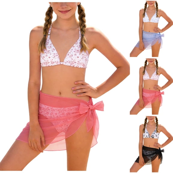 Ulanda Women's 3 Piece Floral Bikini Set with Wrap Coverup Halter Triangle Swimsuits (Sky Blue, 10-11 Years)