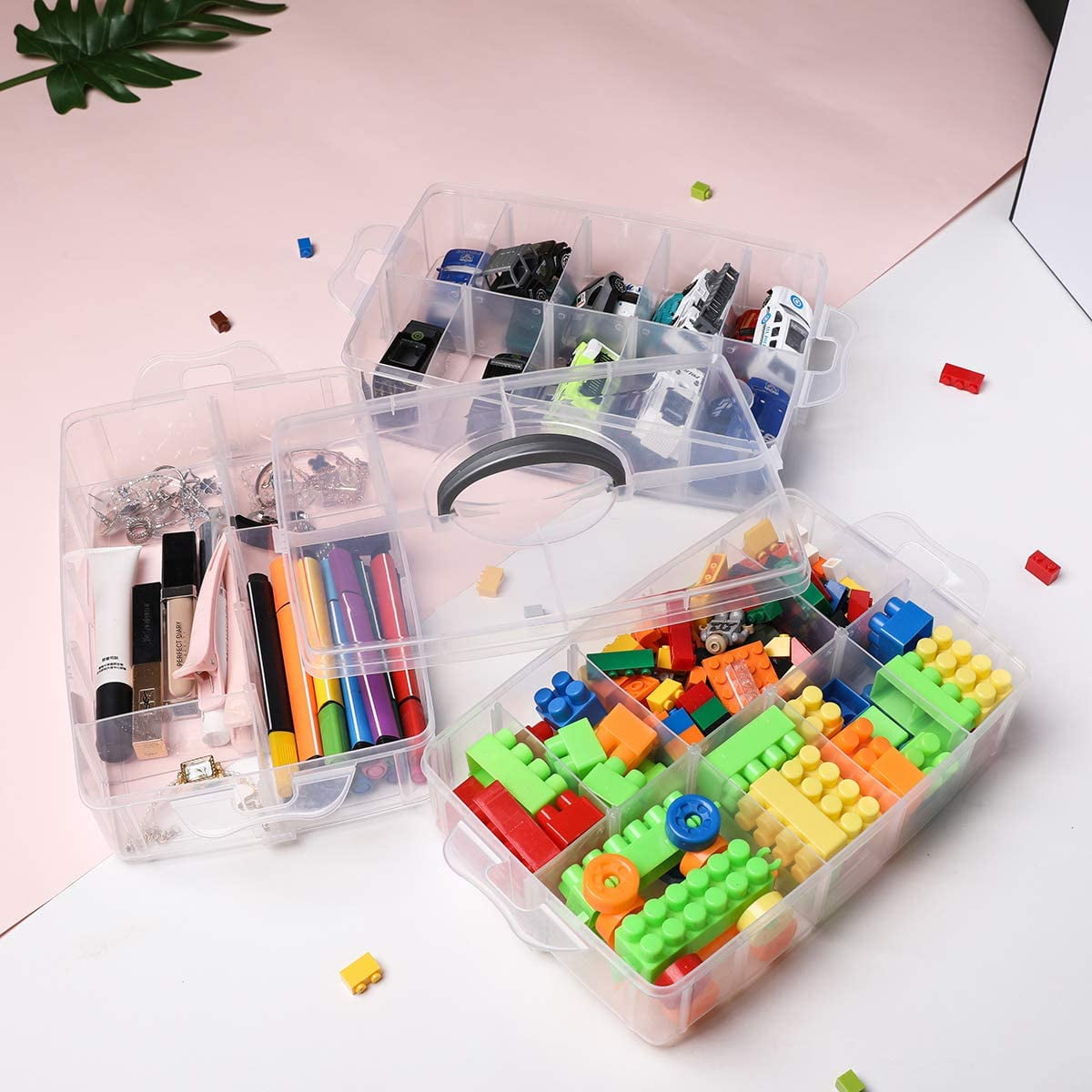 3-Tier Stackable Storage Container Box with 30 Adjustable Compartments, Plastic Organizer Box,Snap-lock Tray Container Box for Fuse Beads, Jewelry,Tool,Kids Toy,Clear