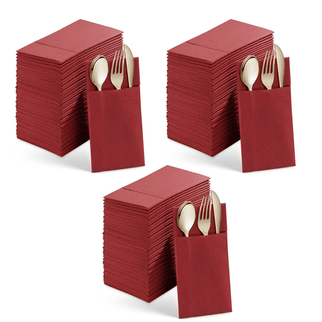 150PCS Disposable Dinner Napkins with Built-in Flatware Pocket,Prefolded Cloth Like Paper Napkins for Wedding Red