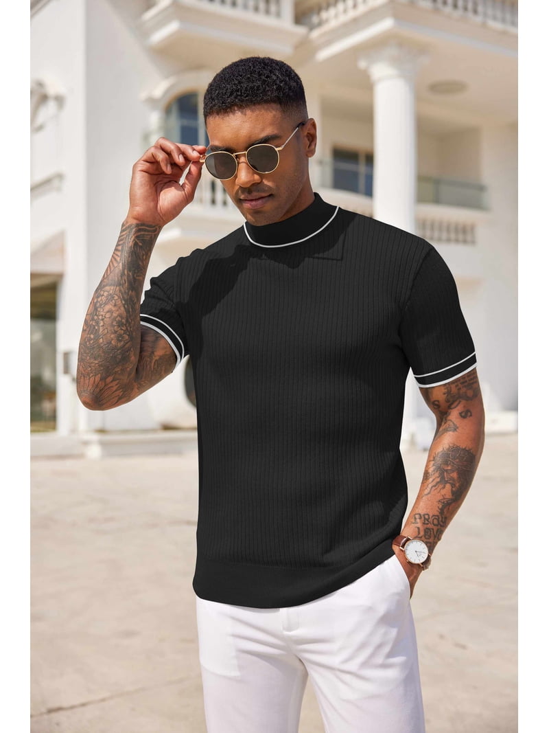 COOFANDY Men's Short Sleeve Mock Turtleneck Sweater - Ribbed Knit