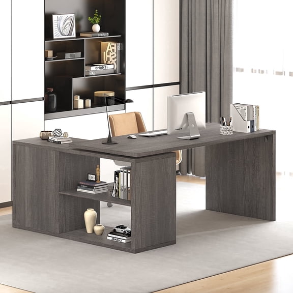 Paasyonmate 55 inch L-Shaped Computer Desk, Reversible Corner Desk with Storage Shelves for Home Office & Gaming, Dark Gray