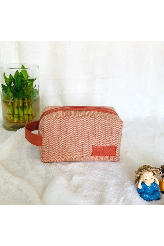 Compact Collapsable Tweed & Leather Unisex Toiletry Kit/ DOPP Kit for Convenient & Easy Travels (Orange)