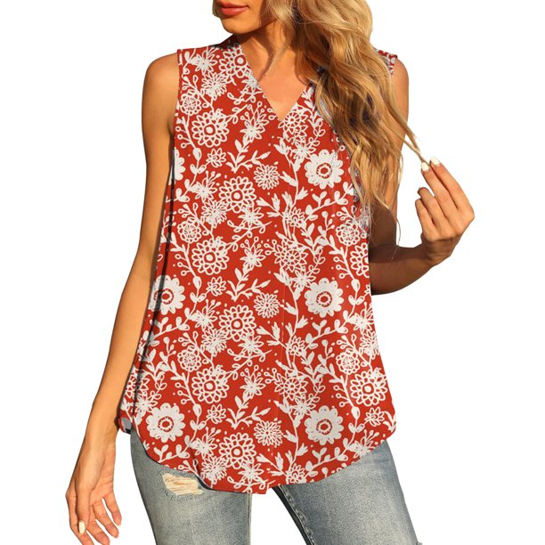 Gibobby Camisa en V con estampado suelto para mujer, blusas informales de verano, blusa con cuello sin mangas, y camisolas(Rojo,M)