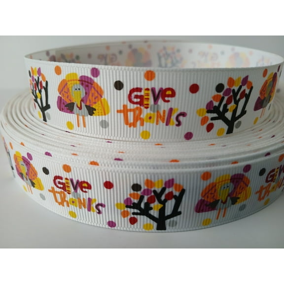 Grosgrain Ribbon Printed Give Thanks with Thanksgiving Turkey Fall Season Trees Polka Dots 3 Yards 7/8 Inch Wide