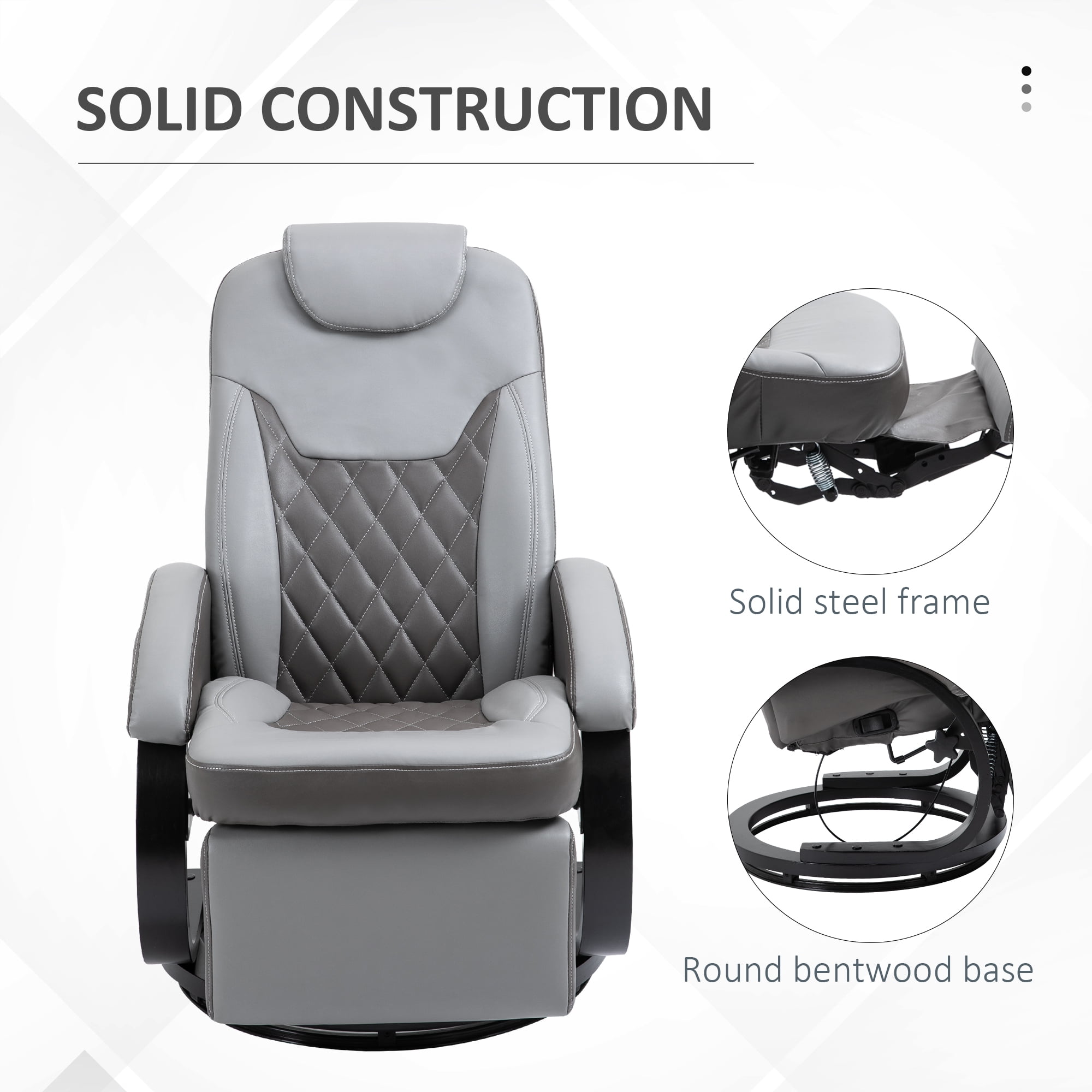 HOMCOM PU Recliner Reading Armchair with Footrest, Headrest and Round Steel/Wood Base for Living Room or Office, Gray