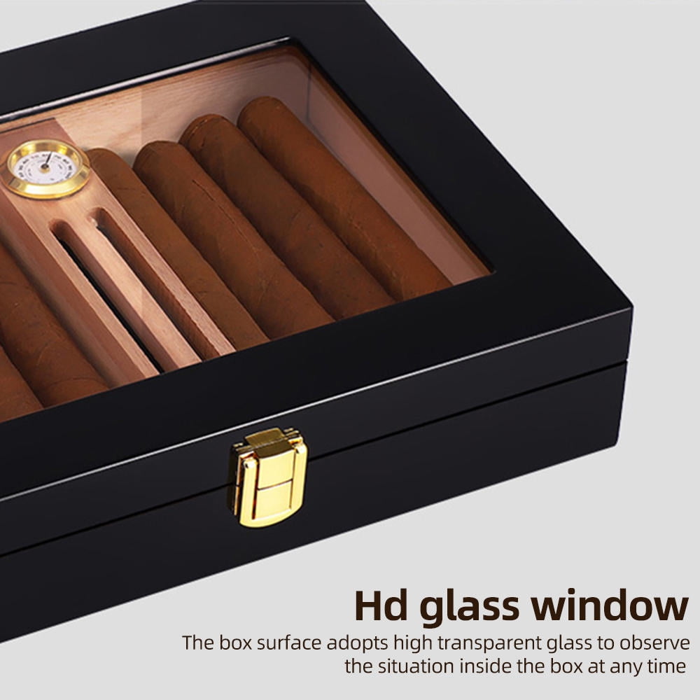 BIMZUC Elegant Cedar Cigar Humidor 10‑18 Cigars, Glass Window, Built‑in Hygrometer, Humidifier, Adjustable Dividers – Portable Desktop Case