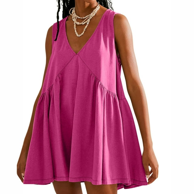 Robe pour Femmes, Coupe Ample Décontractée Sans Manches Col en V, Robe d'Été Plissée en Polyester Facile d'Entretien pour Usage Quotidien