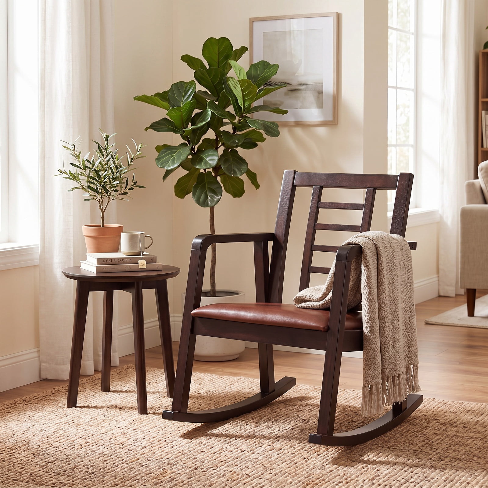 Biotree Wooden Rocking Chair with Upholstered Seat and Ladder Back for Living Room, Brown