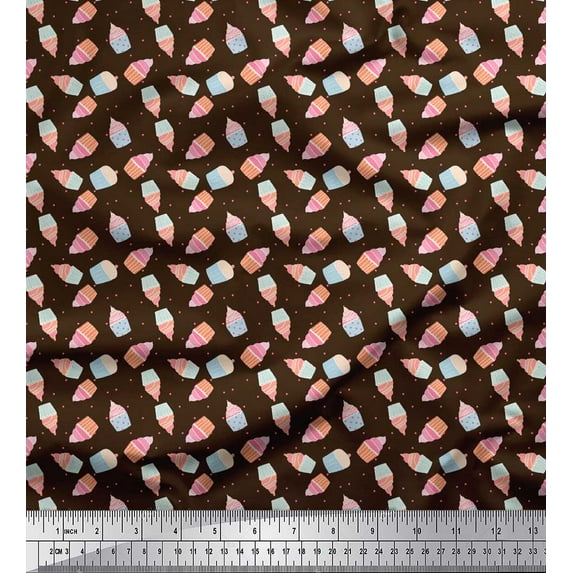 Soimoi Brown Japan Crepe Satin Fabric Dot & Cupcake Food Print Sewing Fabric Yard 42 Inch Wide