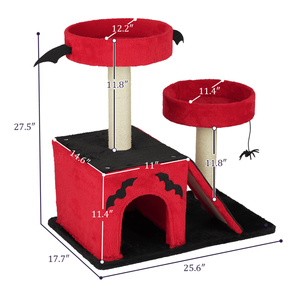 Tcbosik Gothic Cat Tree with Cat Condo, Cat House with Scratching Posts, Scratching Ladder and 2 Padded Perches, Cat Activity Center, Red & Black