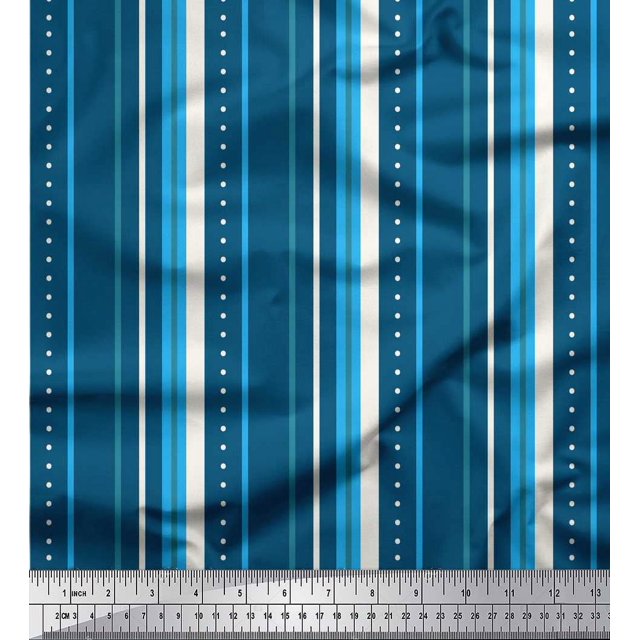 Soimoi Blue Poly Georgette Fabric Dot & Stripe Print Sewing Fabric Yard 52 Inch Wide