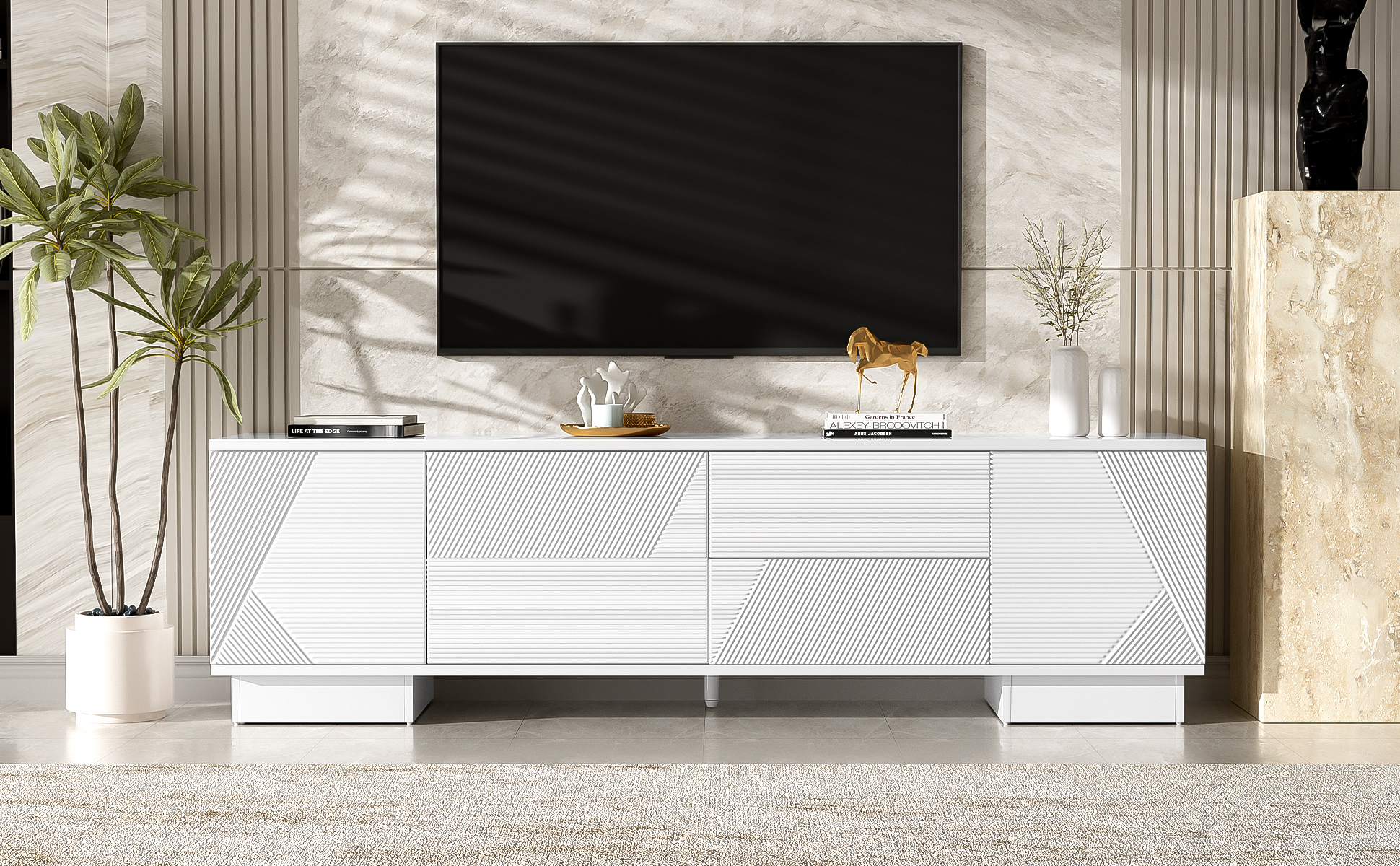 Euroco 70.8'' Modern TV Stand for TVs up to 75 Inches, Entertainment Center with Storage Cabinets, 4 Drawers and a Metal Center Leg, Minimalist Modern Media TV Console Table