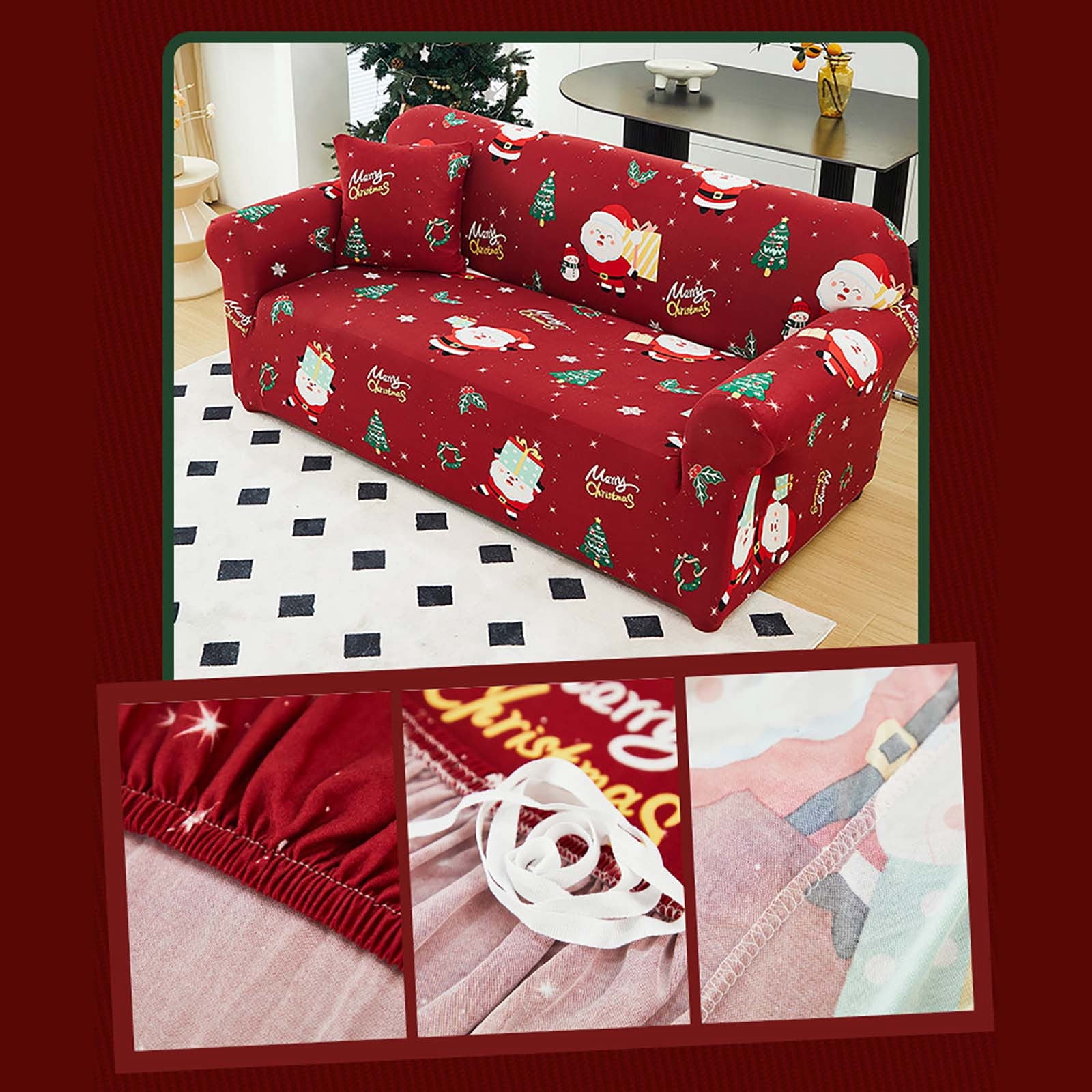 Loyerfyivos Christmas Sofa Cover Santa Claus Printed Sofa Couch Cover Washable Furniture Protector with Elastic Bottom Xmas Home Room Festival Decoration (3 Seater)