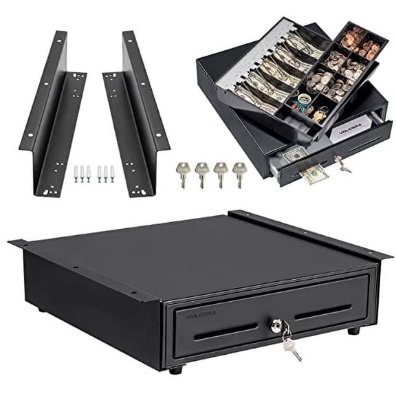 Volcora Cash Register Drawer with Under Counter Mounting Bracket - 16" Black Drawer for POS, 5 Bill 8 Coin Compartment, Fully Removable 2 Tier Cash Tray, 12-24V RJ11/RJ12 Key-Lock, Double Media Slot