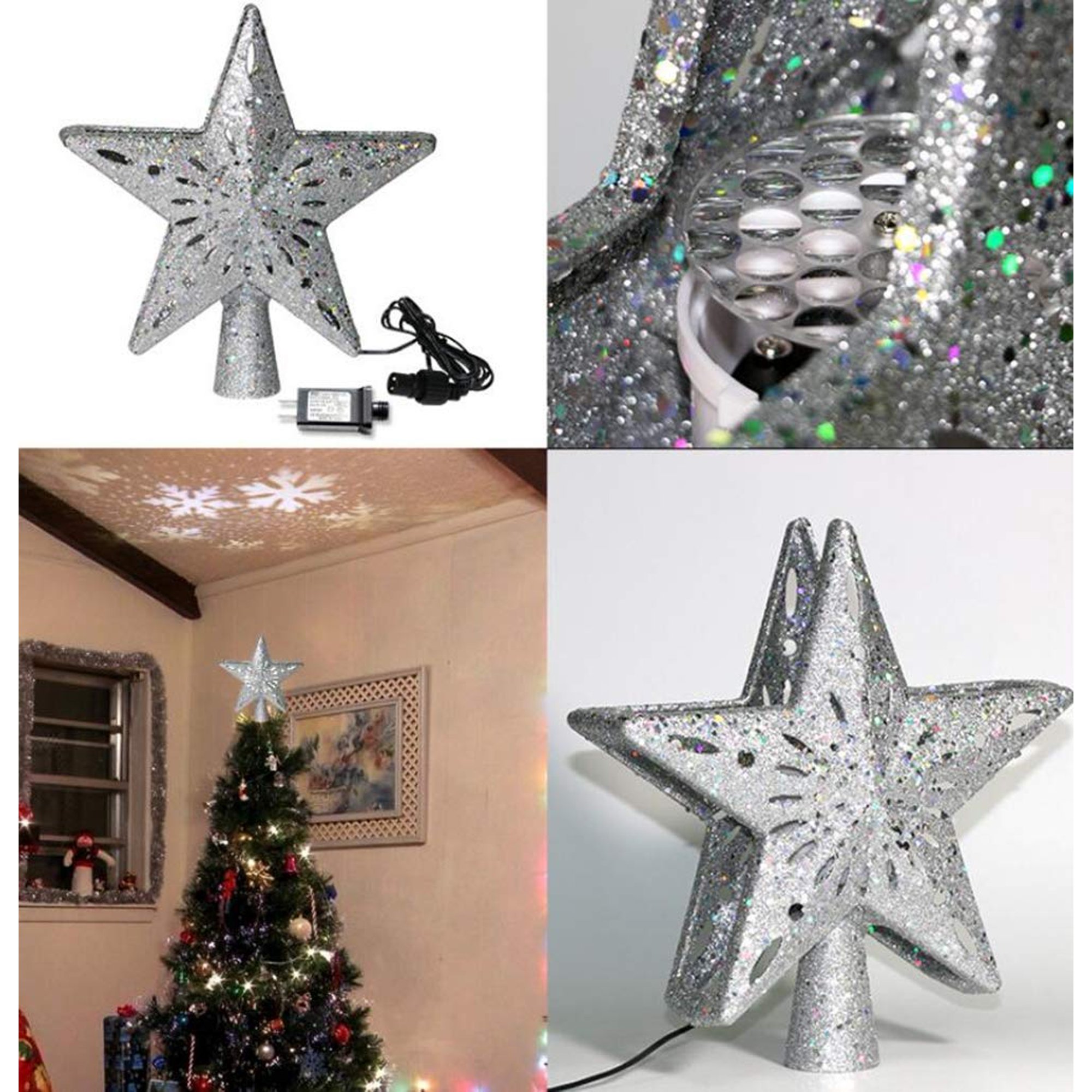 Hollow Silver Star Christmas Tree Topper, 3D Glitter Lighted Star Tree