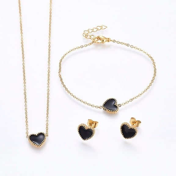 3sets 304 Stainless Steel Jewelry sets Necklaces & Stud Earrings & Bracelets with Enamel Heart Golden 16.93 inch(43cm) 7-1/8 inch(18cm) 9x10x2mm Pin: 0.8mm