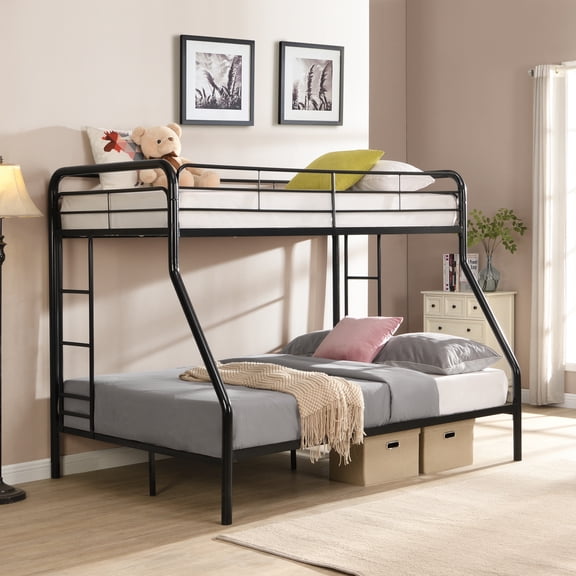 Harper & Bright Designs Twin Over Full Metal Bunk Bed with Ladder and Guardrail, Metal Bunk Bed Frame with Large Under Bed Storage for Bedroom, No Box Spring Needed, Black