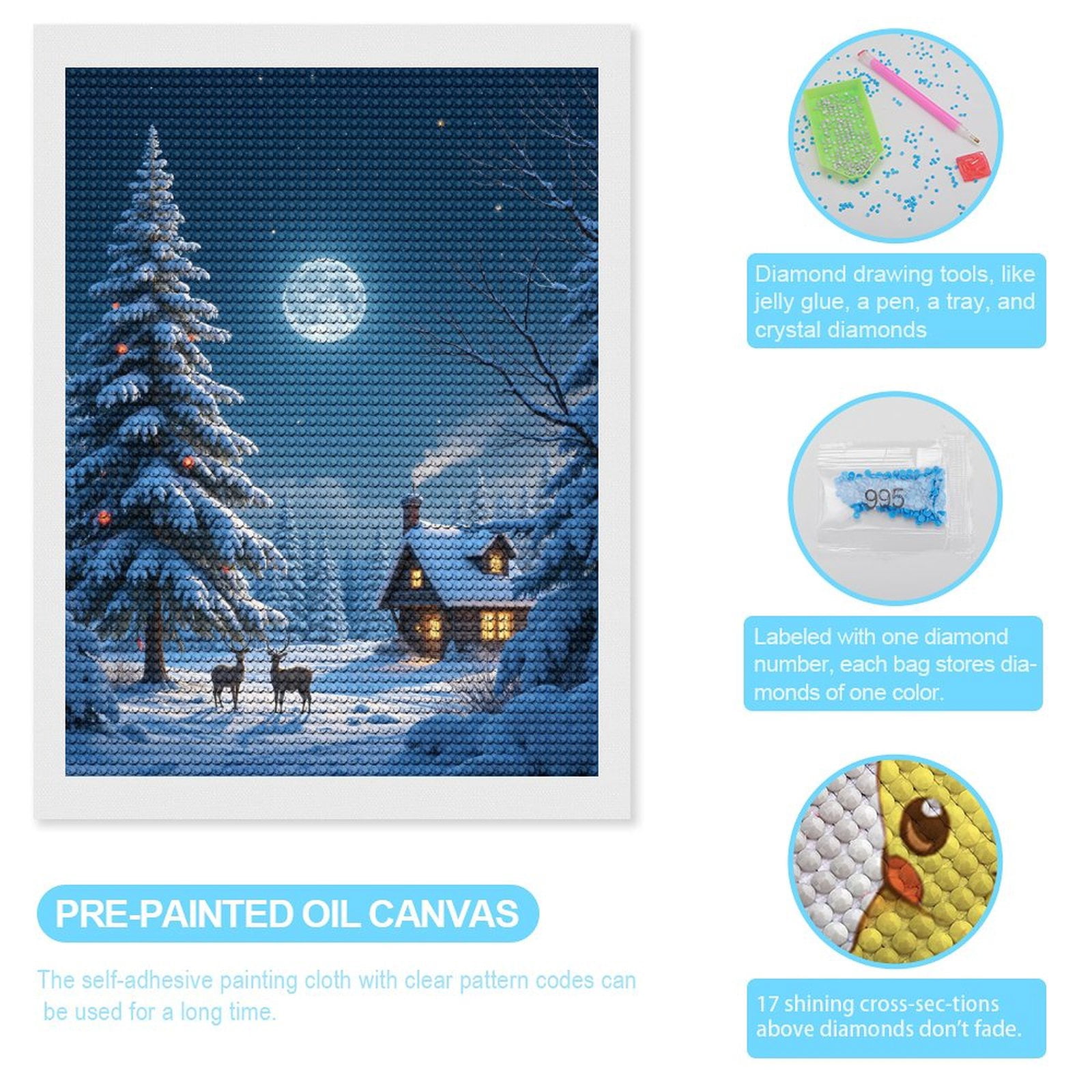 Diamond Art Kits for Adults, Winter Night Cabin Deer Moon Snow 5D Diamond Painting Kits for Adults Beginners, DIY Full Drill Diamond Painting, Gem Art and Crafts 12x16