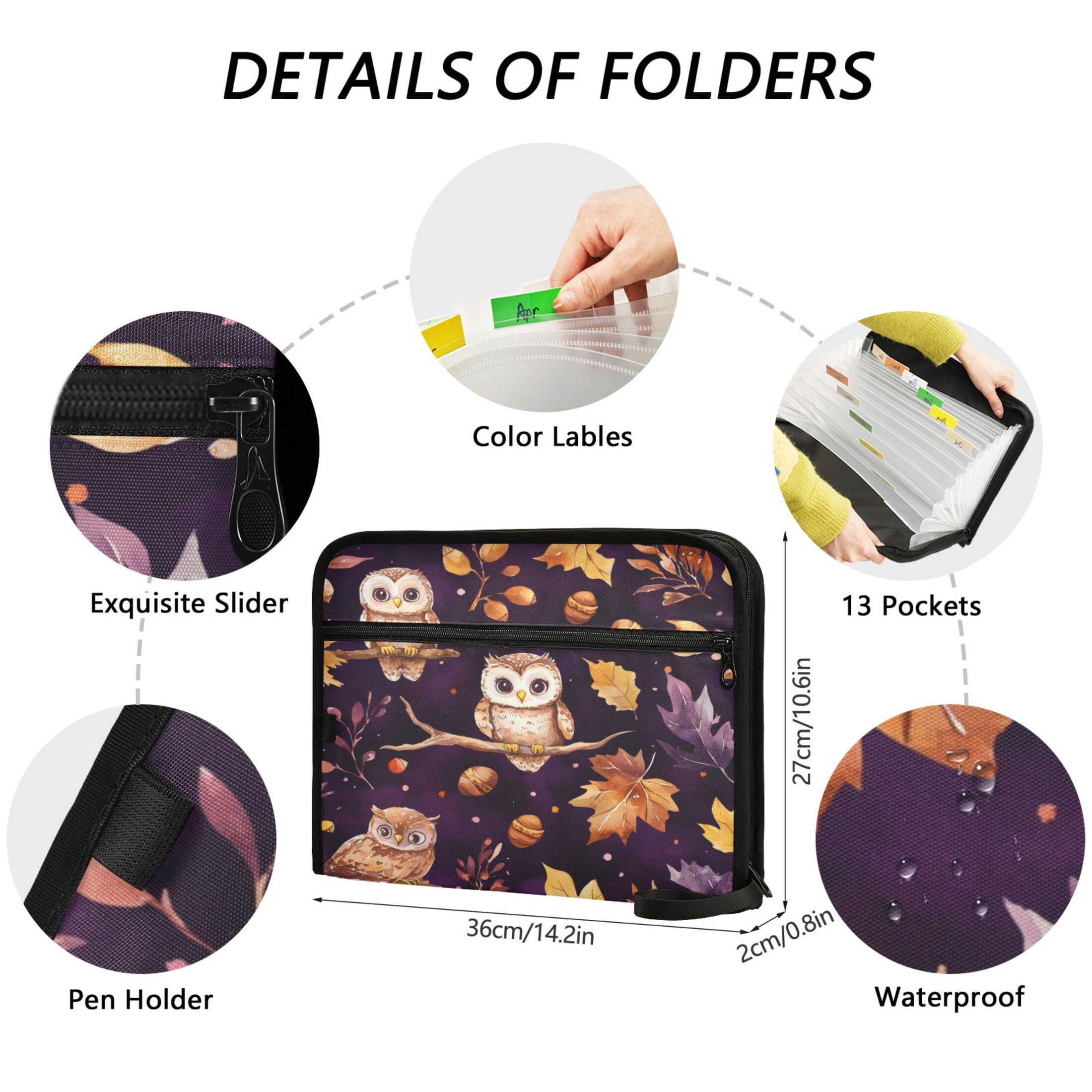 WOBOGO Adorable Baby Owls and Acorns Pattern Expanding File Folder Letter Size Accordion Filing Organizer 13 Pocket Separate Organ Pocket