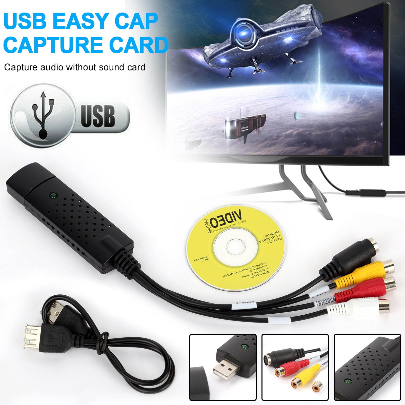 Passief impliceren opraken EasyCap USB 2.0 Capture Card Video TV DVD VHS Audio Capture Card 3 in 1  Adapter - Walmart.com