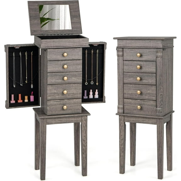 Hyxoo Gray Cabinet, 5 Drawers Jewelry Armoire with Mirror, Swing Doors, Necklace Hooks, Standing Organizer, Large