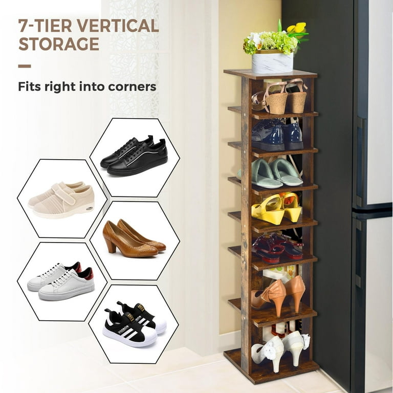 Giantex 7 Tiers Vertical Shoe Rack, Entryway Slim Wooden Shoes Racks, Skinny Shoe Organizer, Space Saving Shoes Storage Stand for Front Door, White