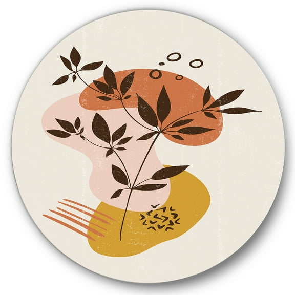 Designart 'Minimalist Shapes With Ancient Plant II' Modern Circle Metal Wall Art 36x36 - Disc of 36