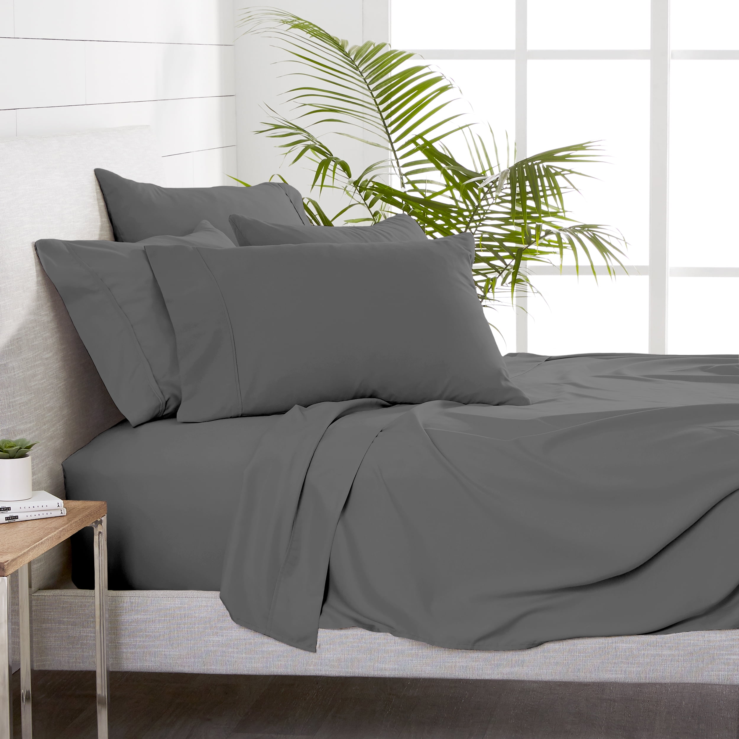 Bare Home 7 Piece Sheet Set, Microfiber, 2 Extra Pillowcases, Split Queen, Gray