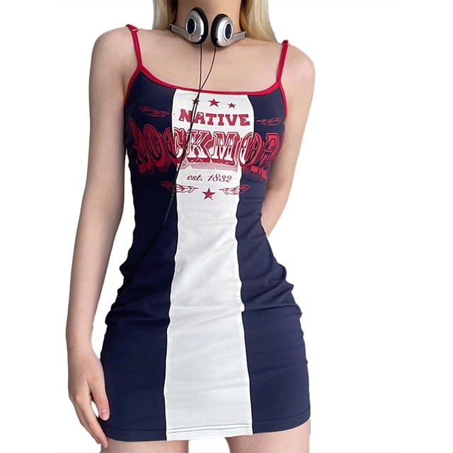Vestido Para Mujer Tirantes Finos Contraste Color Letras Estampado Slip Bodycon Vestido Verano Mini Vestido