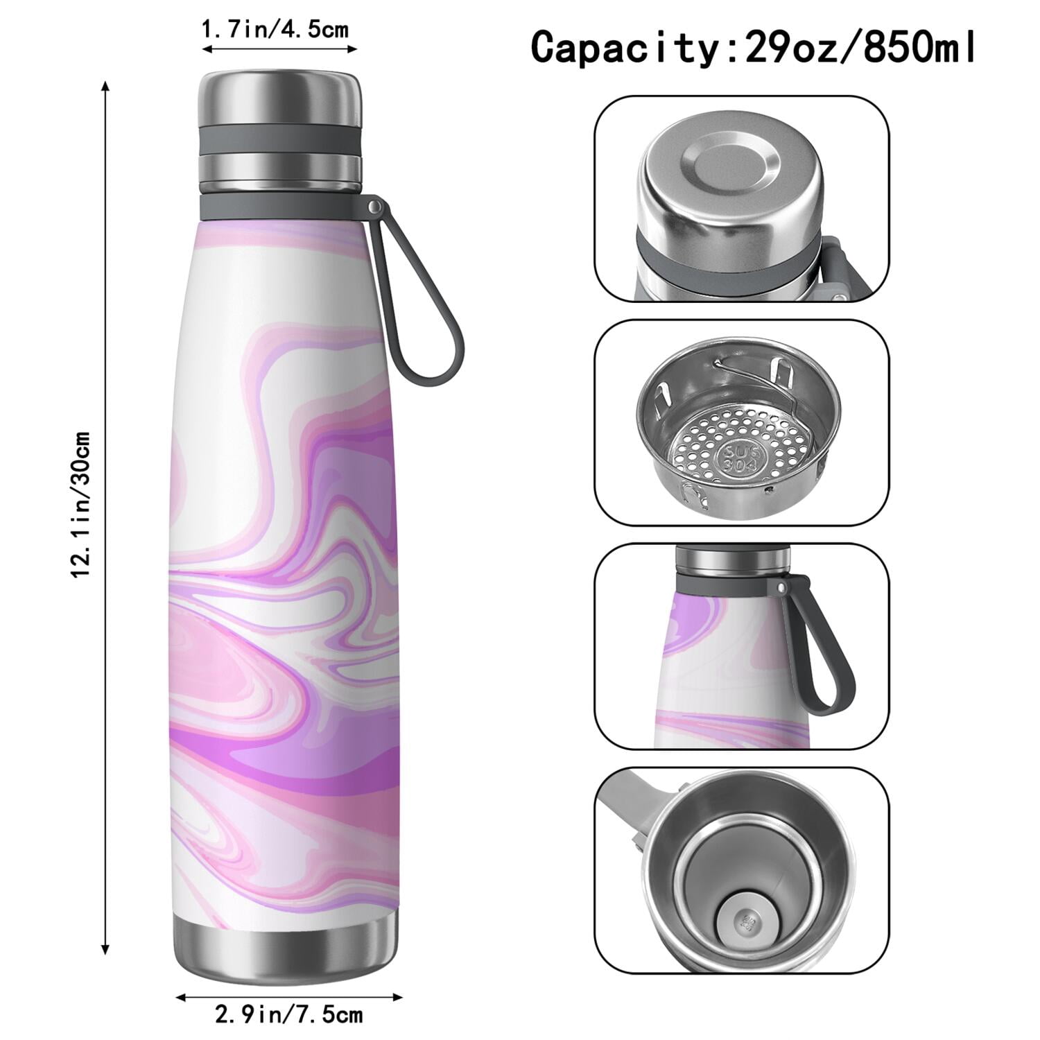 29oz Insulated Water Bottle with Tea Infuser, Stainless Steel Travel Mug, Liquid & Marble Print