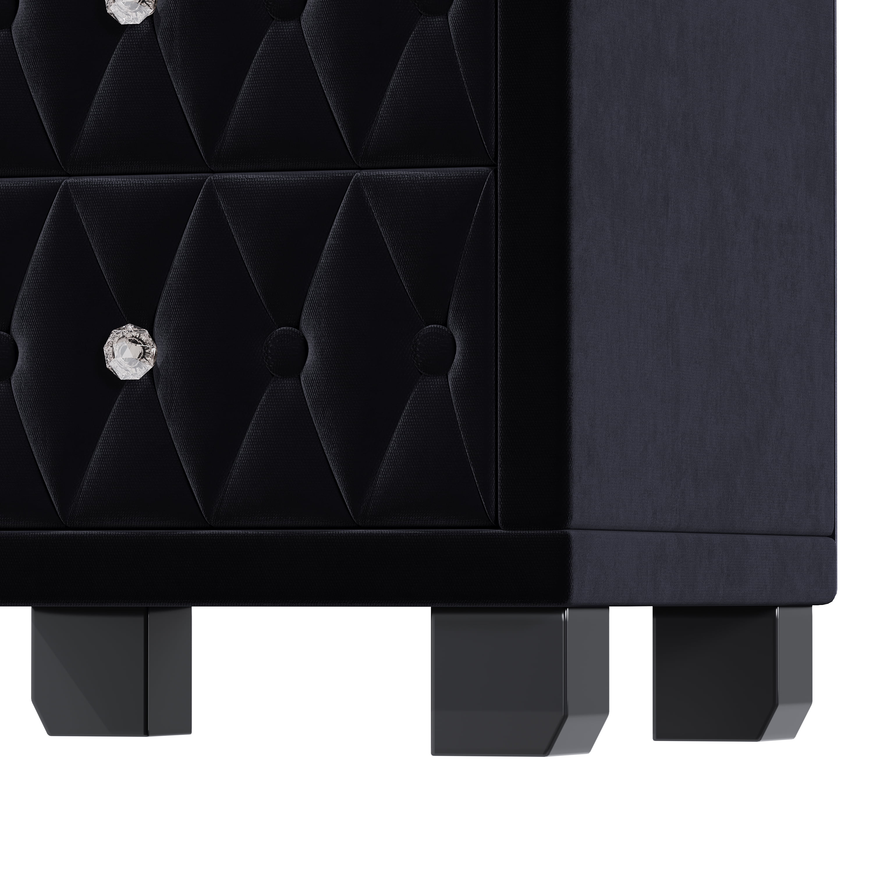 Elegant Velvet Nightstand with 2 Drawers and Crystal Handle, Storage Bedside Table with Button-Tufted, Black